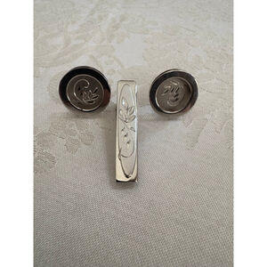 Vintage Sterling Silver Cuff Links & Tie Clip Set One Size